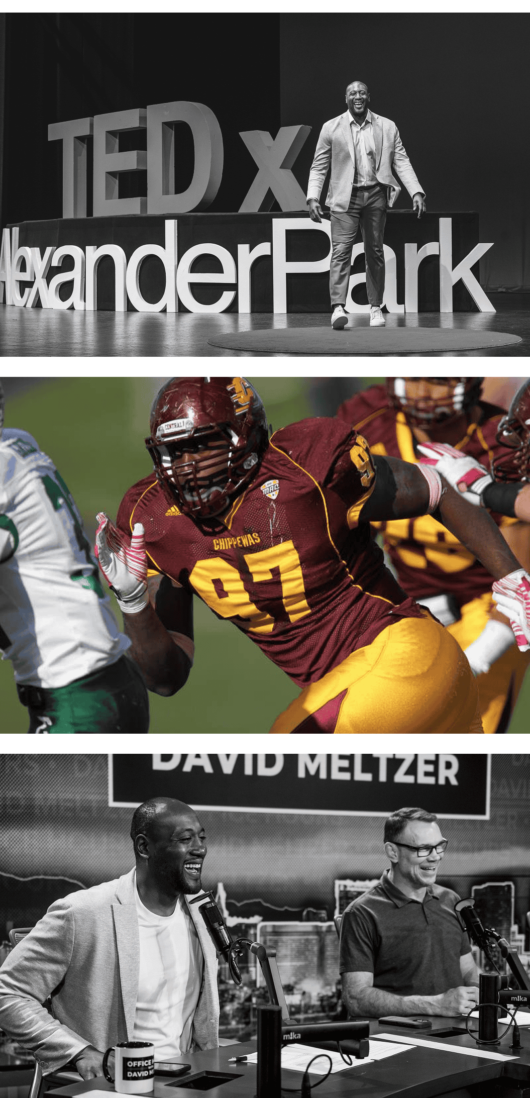 Composite image summarizing Darryll Stinson's story: features his TEDx talk, his time as a USC Division 1 football player (number 97), and a media interview.