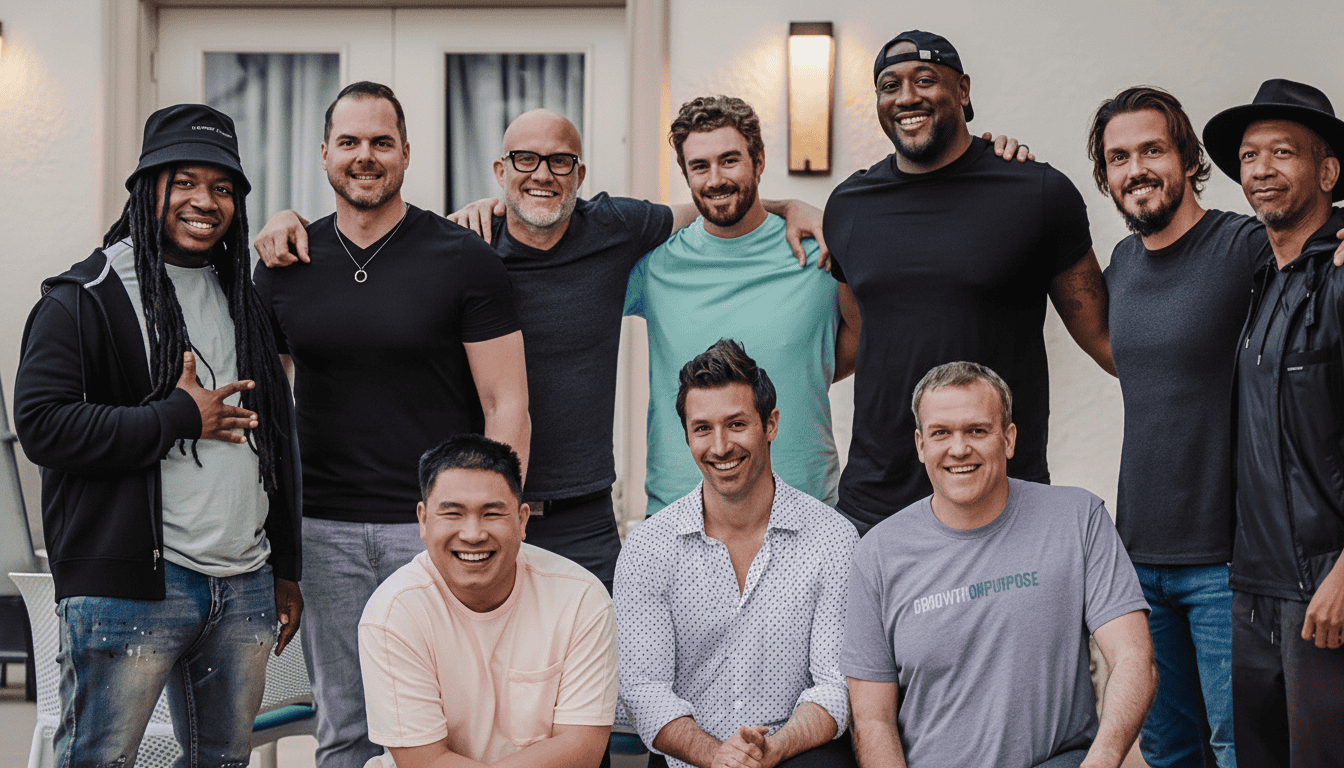 Executive Coach Darryll Stinson posing with his leadership mastermind group or high-performance coaching cohort in a relaxed outdoor group photo.