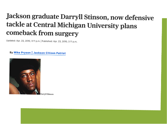 Screenshot of a news article headline about Darryll Stinson planning a comeback at Central Michigan University after surgery